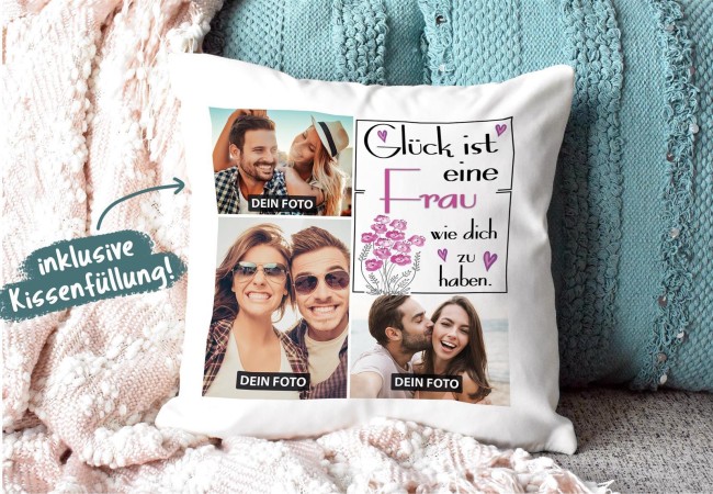 Kissen mit F&uuml;llung - Fotocollage - GL&Uuml;CK - zum selbst Gestalten mit drei Fotos f&uuml;r die Frau - R&uuml;ckseite Rosa