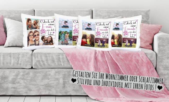 Kissen mit F&uuml;llung - Fotocollage - GL&Uuml;CK - zum selbst Gestalten mit drei Fotos f&uuml;r die Frau - R&uuml;ckseite Rosa