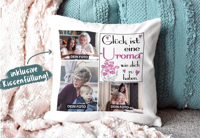 Kissen mit F&uuml;llung - Fotocollage - GL&Uuml;CK - zum selbst Gestalten mit drei Fotos f&uuml;r die Uroma - Wei&szlig; glatt