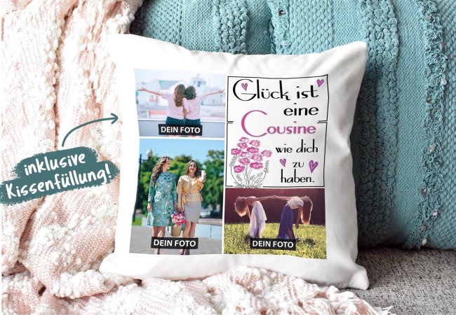 Kissen mit F&uuml;llung - Fotocollage - GL&Uuml;CK - zum selbst Gestalten mit drei Fotos f&uuml;r die Cousine - R&uuml;ckseite Pink