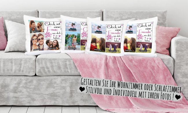 Kissen mit F&uuml;llung - Fotocollage - GL&Uuml;CK - zum selbst Gestalten mit drei Fotos f&uuml;r die Cousine - R&uuml;ckseite Pink