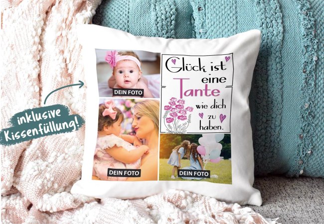 Kissen mit F&uuml;llung - Fotocollage - GL&Uuml;CK - zum selbst Gestalten mit drei Fotos f&uuml;r die Tante - R&uuml;ckseite Pink