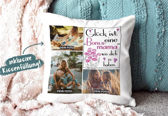Kissen mit F&uuml;llung - Fotocollage - GL&Uuml;CK - zum selbst Gestalten mit drei Fotos f&uuml;r die Mama - Wei&szlig;