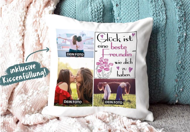 Kissen mit F&uuml;llung - Fotocollage - GL&Uuml;CK - zum selbst Gestalten mit drei Fotos f&uuml;r die Beste Freundin - Wei&szlig; glatt