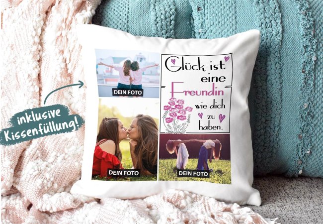 Kissen mit F&uuml;llung - Fotocollage - GL&Uuml;CK - zum selbst Gestalten mit drei Fotos f&uuml;r die Freundin - R&uuml;ckseite Pink