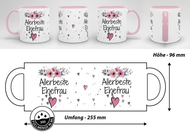 Tasse mit Spruch - Allerbeste Ehefrau - Innen &amp; Henkel Rosa