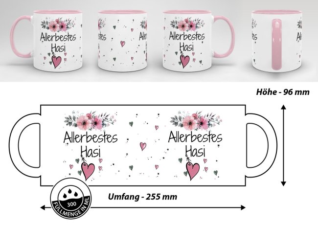 Tasse mit Spruch - Allerbestes Hasi weiblich - Innen &amp; Henkel Rosa