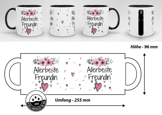Tasse mit Spruch - Allerbeste Freundin - Innen &amp; Henkel Schwarz