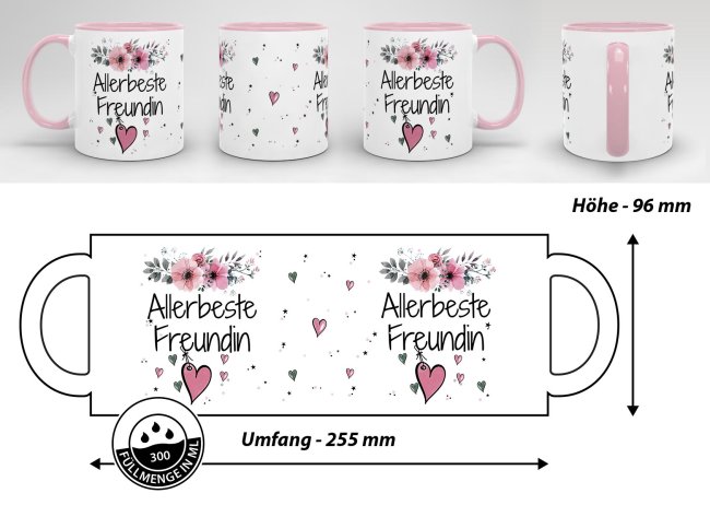 Tasse mit Spruch - Allerbeste Freundin - Innen &amp; Henkel Rosa