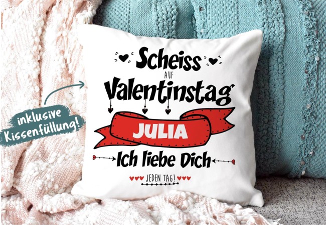 Kissen mit  Wunschname selbst beschriften - Schei&szlig; auf Valentinstag - Farbkissen R&uuml;ckseite Rosa