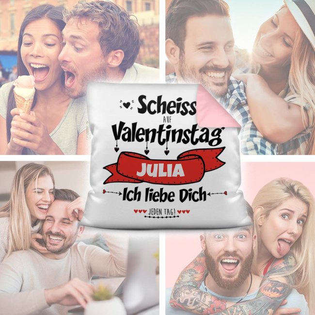 Kissen mit  Wunschname selbst beschriften - Schei&szlig; auf Valentinstag - Farbkissen R&uuml;ckseite Rosa