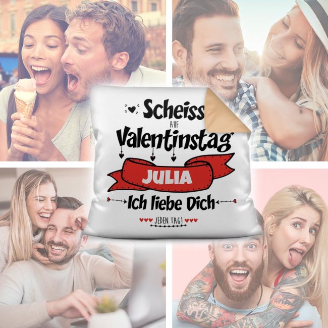 Kissen mit  Wunschname selbst beschriften - Schei&szlig; auf Valentinstag - Farbkissen R&uuml;ckseite Beige