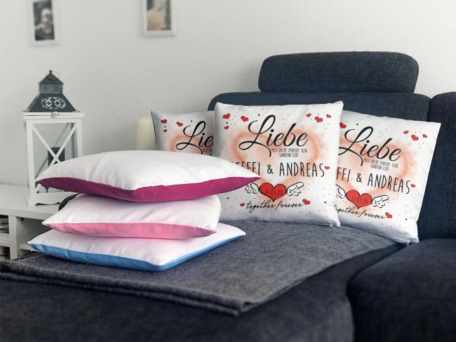 Kissen - Liebe muss nicht perfekt sein - mit Namen und Datum selbst beschriften - Polyester - Wei&szlig; flauschig