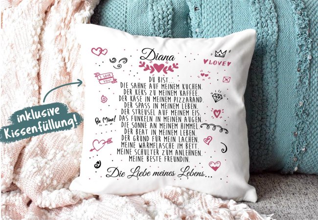 Kissen mit sch&ouml;nem Spruch - Liebe meines Lebens - mit Wunschname f&uuml;r Frauen - Kissen Polyester - Wei&szlig; flauschig