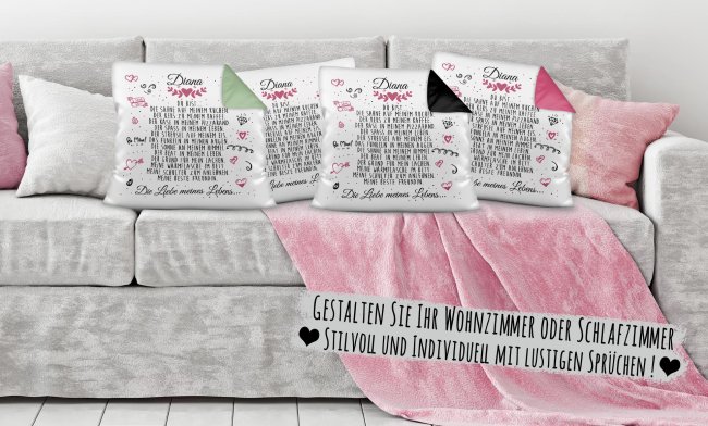 Kissen mit sch&ouml;nem Spruch - Liebe meines Lebens - mit Wunschname f&uuml;r Frauen - Kissen Polyester - Wei&szlig; flauschig