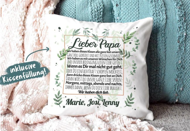 Kissen - Wir haben Dich lieb - zum Beschriften mit Namen f&uuml;r Papa - Kissen Polyester - Wei&szlig; glatt