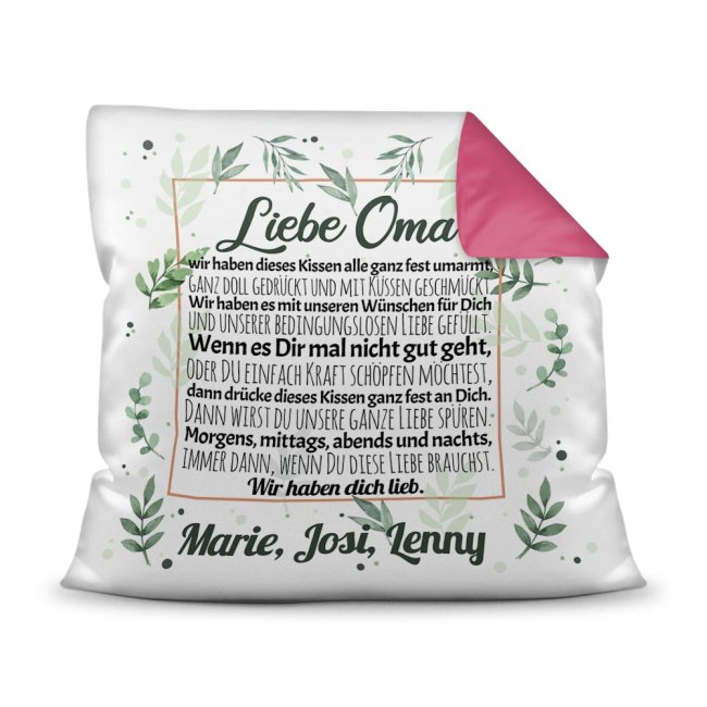 Kissen - Wir haben Dich lieb - zum Beschriften mit Namen f&uuml;r Oma - Farbkissen R&uuml;ckseite Pink