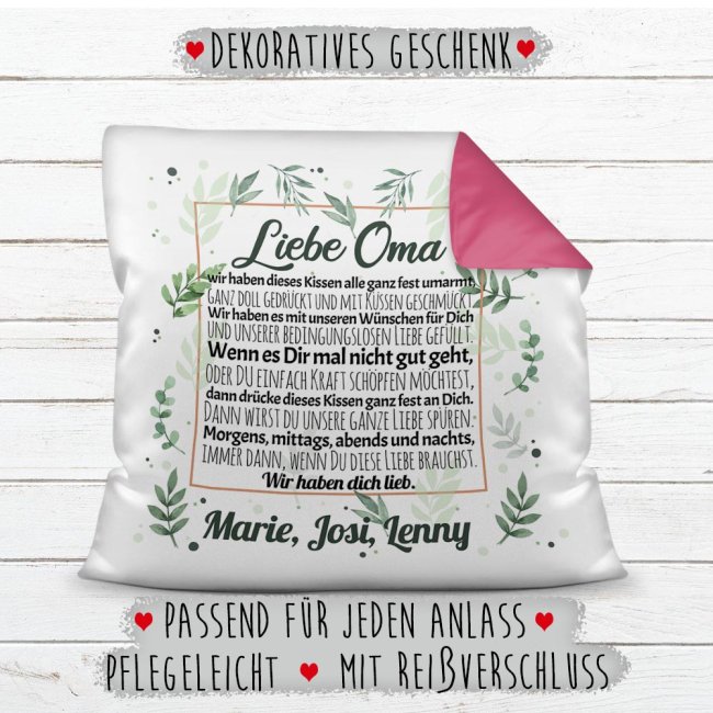 Kissen - Wir haben Dich lieb - zum Beschriften mit Namen f&uuml;r Oma - Farbkissen R&uuml;ckseite Pink