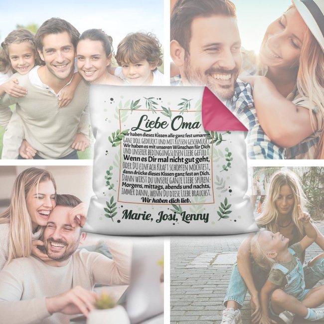 Kissen - Wir haben Dich lieb - zum Beschriften mit Namen f&uuml;r Oma - Farbkissen R&uuml;ckseite Pink