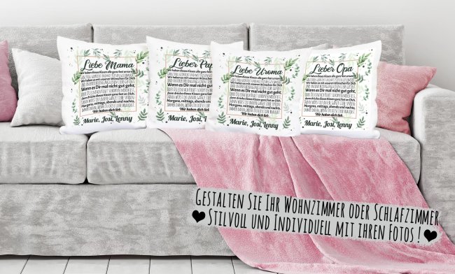 Kissen - Wir haben Dich lieb - zum Beschriften mit Namen f&uuml;r Oma - Farbkissen R&uuml;ckseite Pink