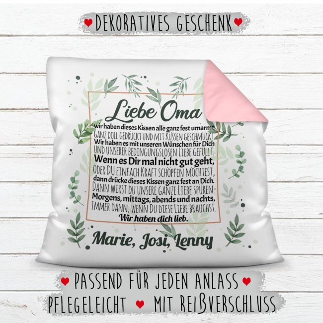 Kissen - Wir haben Dich lieb - zum Beschriften mit Namen f&uuml;r Oma - Farbkissen R&uuml;ckseite Rosa