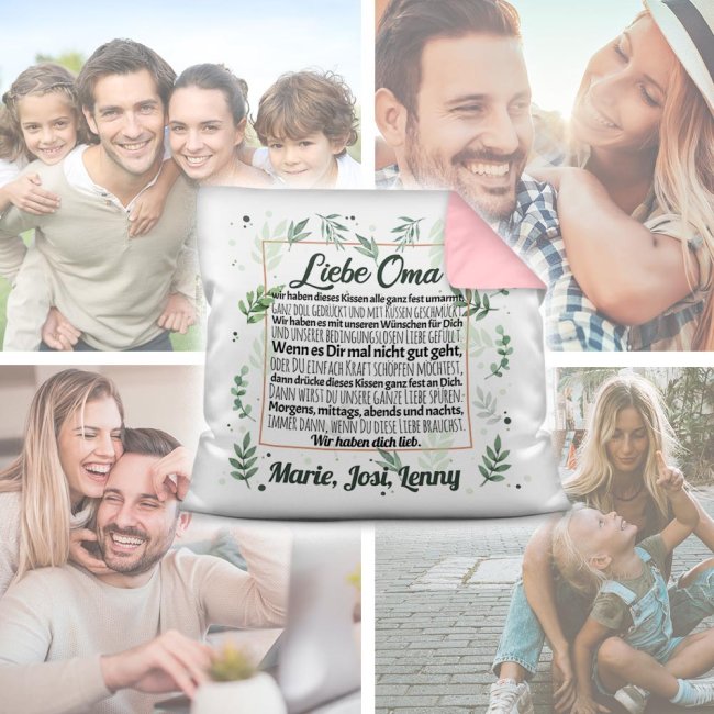Kissen - Wir haben Dich lieb - zum Beschriften mit Namen f&uuml;r Oma - Farbkissen R&uuml;ckseite Rosa