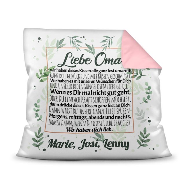 Kissen - Wir haben Dich lieb - zum Beschriften mit Namen f&uuml;r Oma - Farbkissen R&uuml;ckseite Rosa