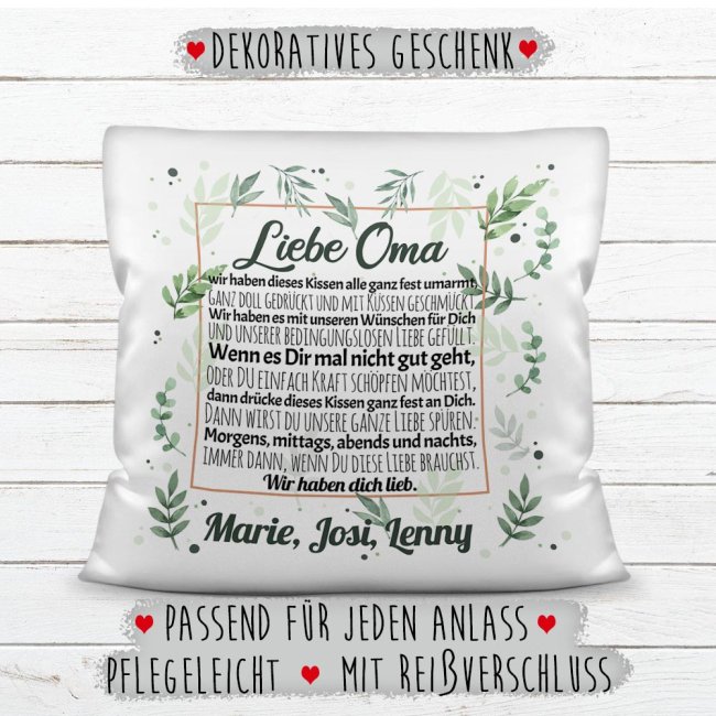 Kissen - Wir haben Dich lieb - zum Beschriften mit Namen f&uuml;r Oma - Kissen Polyester - Wei&szlig; glatt