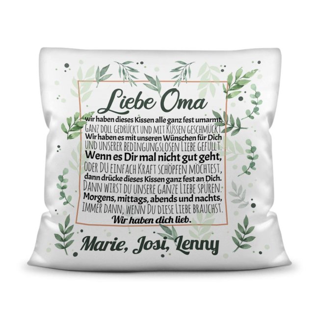 Kissen - Wir haben Dich lieb - zum Beschriften mit Namen f&uuml;r Oma - Kissen Polyester - Wei&szlig; glatt